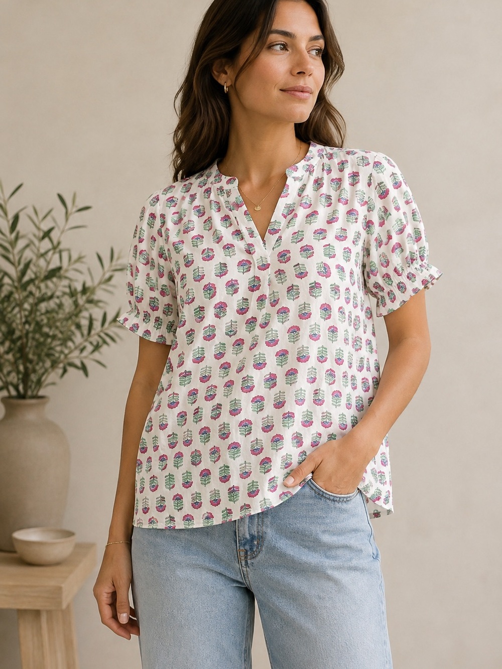 J. Crew White Split-Neck Short Sleeve Blouse with Pink & Green Print #1061CL